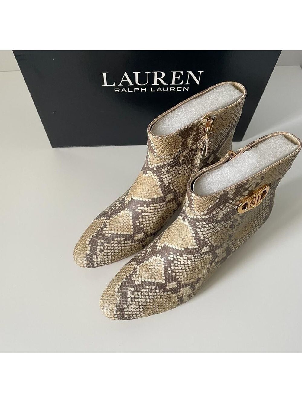 Nib Ralph Lauren Wynne II Python Embossed Leather Block Heel Booties Boots - Picture 10 of 16